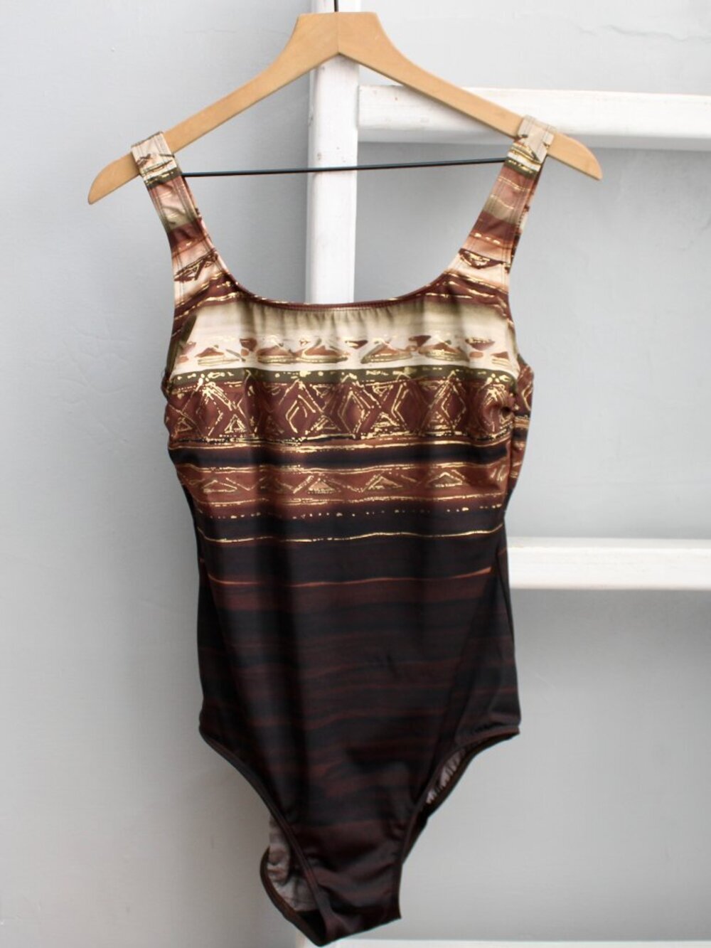 Longitude VTG 90s Brown Gold Tribal Boho Geometric One Piece Swimsuit Size 12